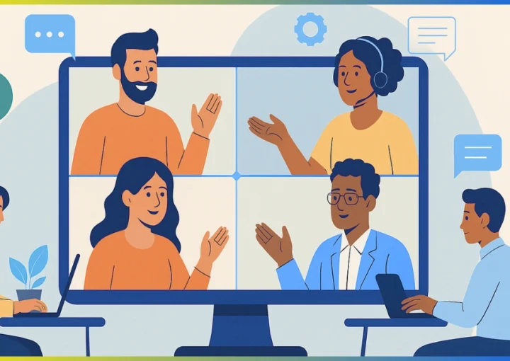 Illustration of a diverse remote team collaborating via video conference from different locations, symbolizing trust and teamwork in a virtual work environment.