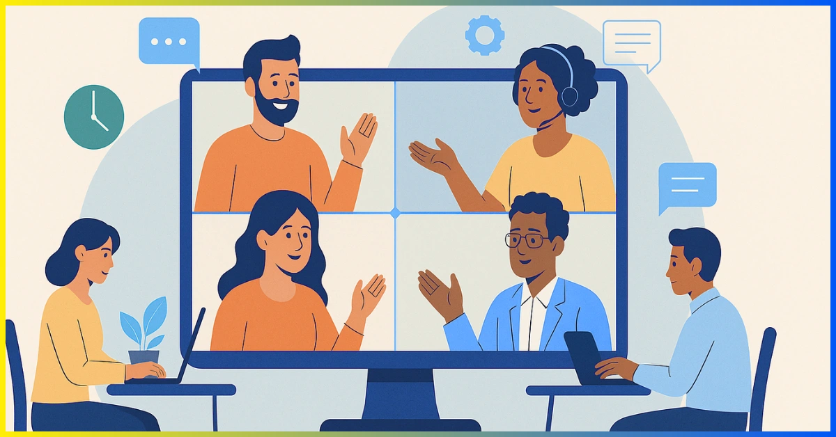 Illustration of a diverse remote team collaborating via video conference from different locations, symbolizing trust and teamwork in a virtual work environment.