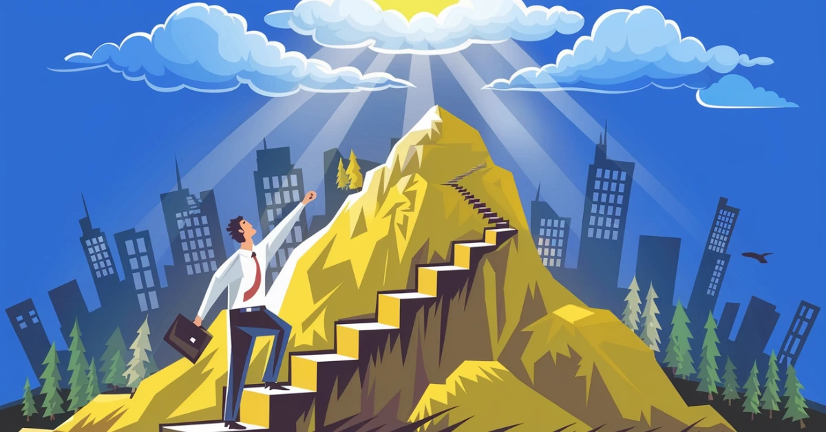 Professional climbing a mountain with sunlight breaking through clouds