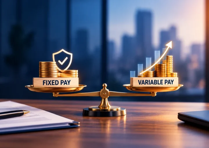 Fixed Pay vs Variable Pay comparison shown on a balance scale, with gold coins and a shield representing income stability and an upward growth chart representing performance-based earnings.