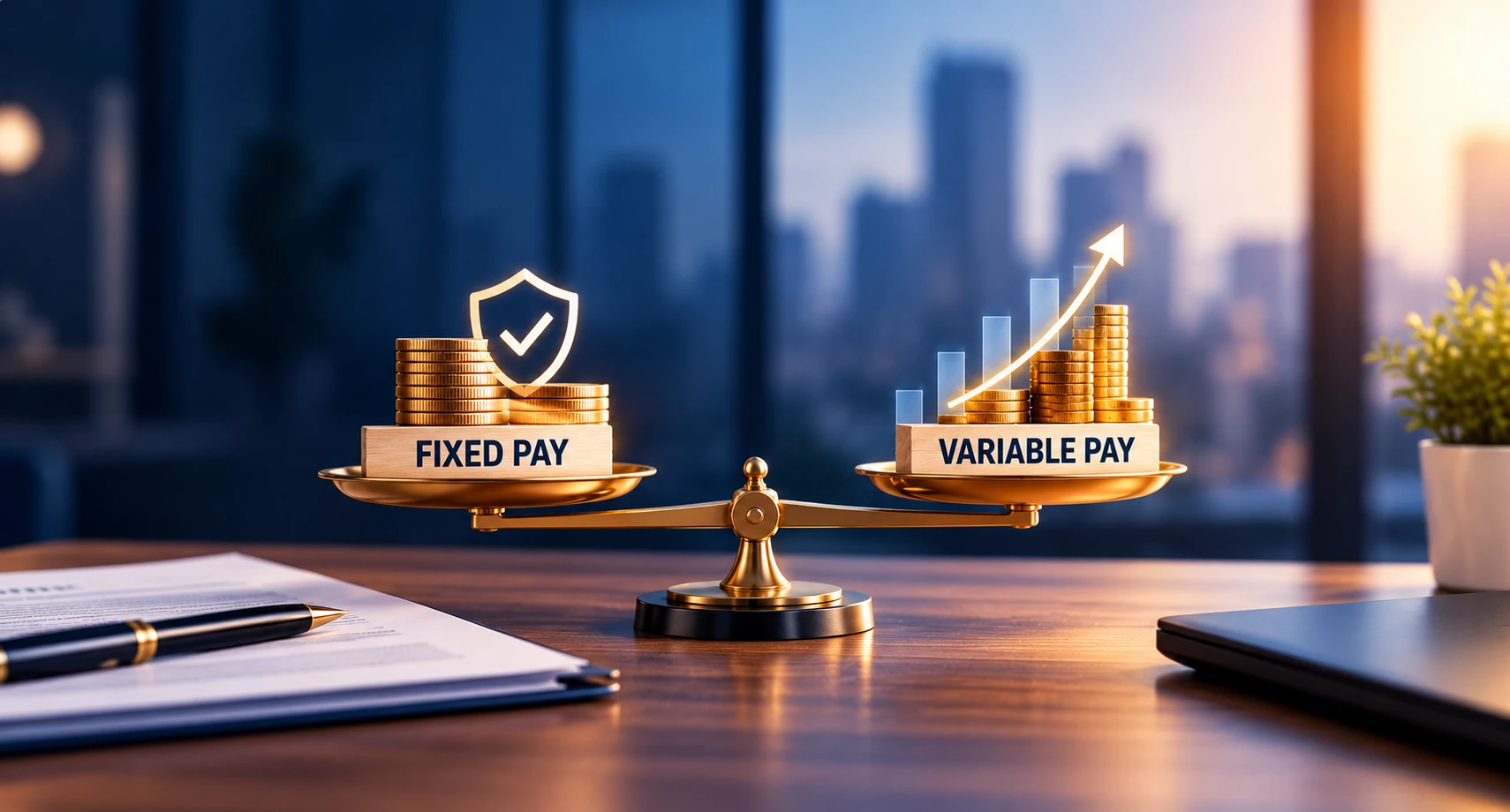 Fixed Pay vs Variable Pay comparison shown on a balance scale, with gold coins and a shield representing income stability and an upward growth chart representing performance-based earnings.